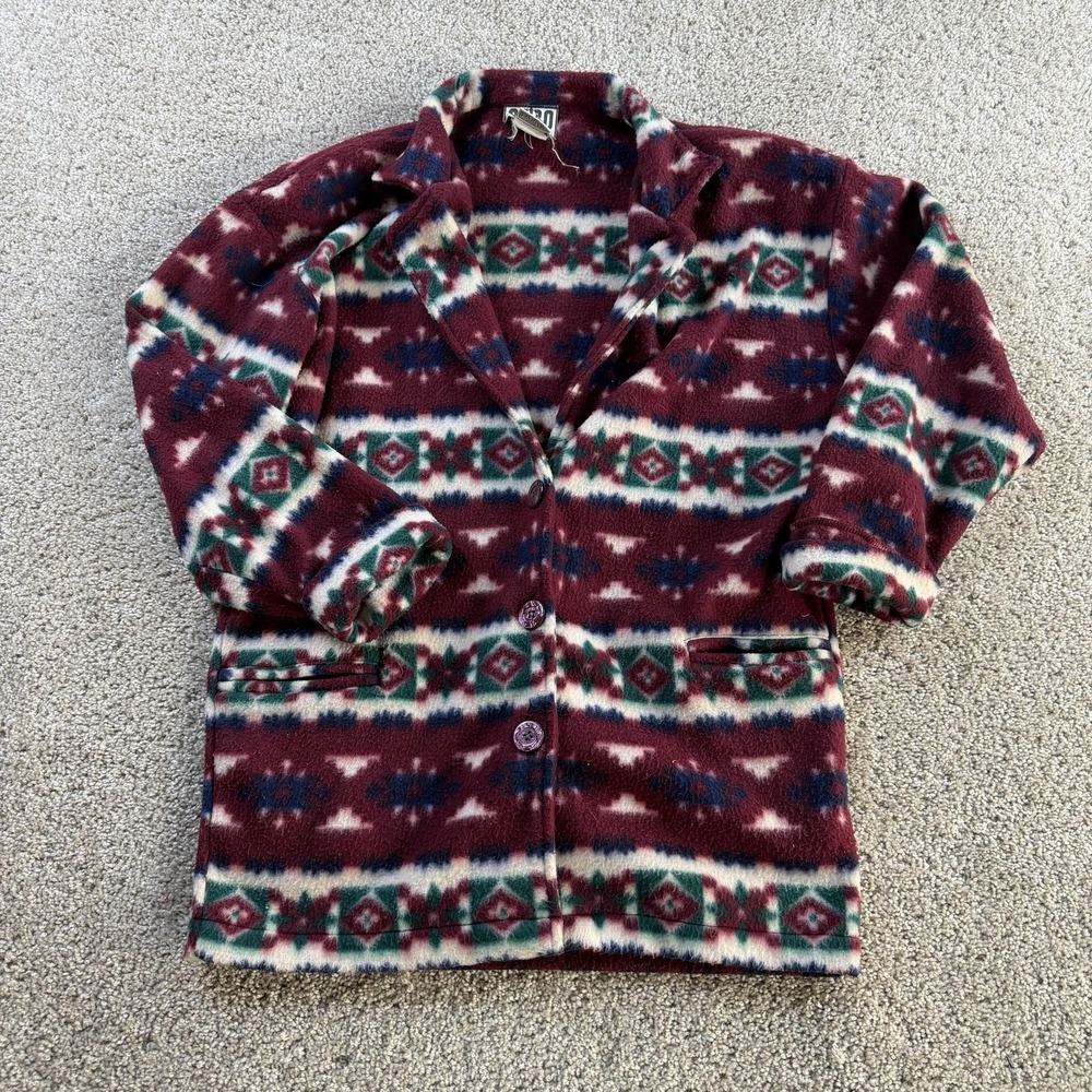 Vintage Aztec Geometric Southwestern Coat Womens Small Red Fleece Mid Length